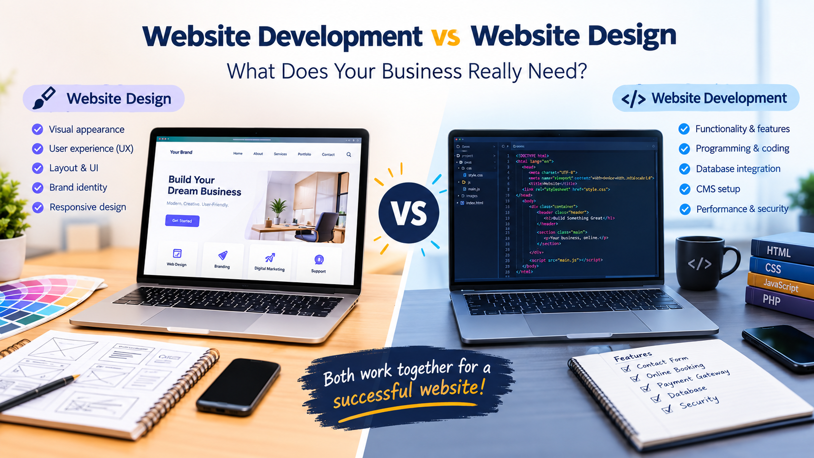 Website development vs website design comparison showing visual website design and website coding.